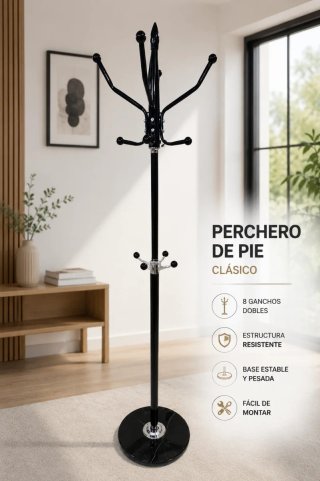 Perchero de pie clásico negro y plateado