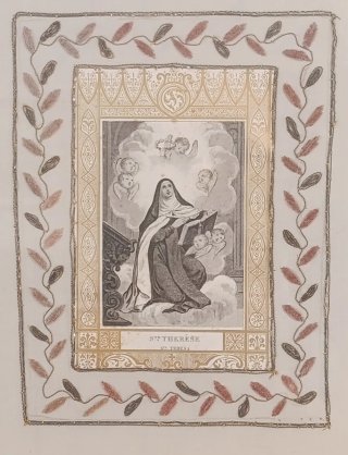 Santa Teresa - Quadro vecchia immagine su ricamo.