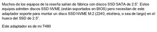 Adaptador SSD NVME M.2 a 2.5" para ThinkPad T480