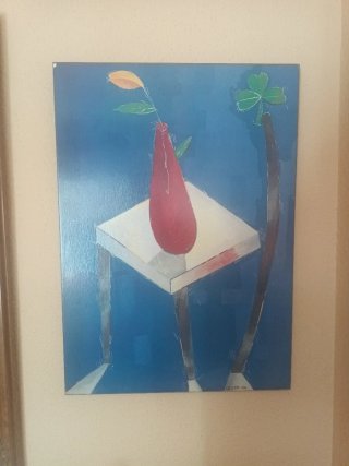 Tres Cuadros  Flores Azules y Jarrón Marrón