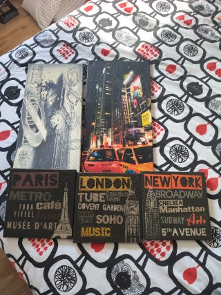 Lote 5 cuadros ciudades: París, Londres, NY