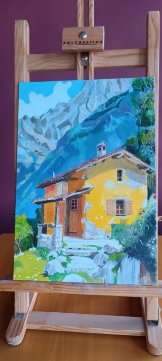 Cuadro al óleo: Casa en montaña