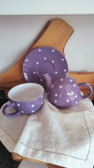 Set tazza teiera e piatto Sprinkle Purple pois