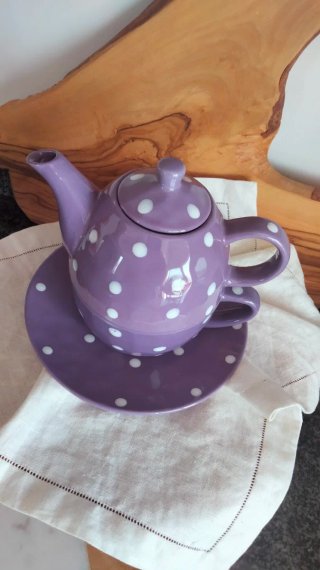 Set tazza teiera e piatto Sprinkle Purple pois