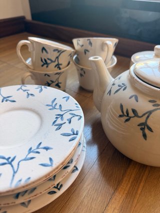 Juego de café antiguo azul y blanco