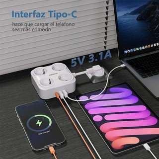 Regleta 7 en 1: 4 Tomas + 3 USB + Tipo-C NUEVO