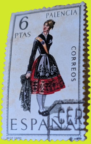 Sello 6 Ptas. Palencia Trajes Típicos