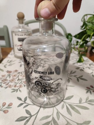 4 Botellas Steam Punk de cristal y madera