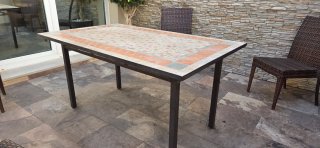 Mesa jardín hierro y piedra mosaico 150x90