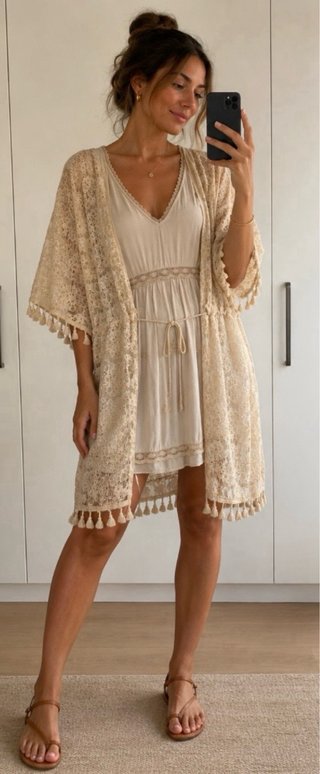 Kimono Boho Encaje Beige