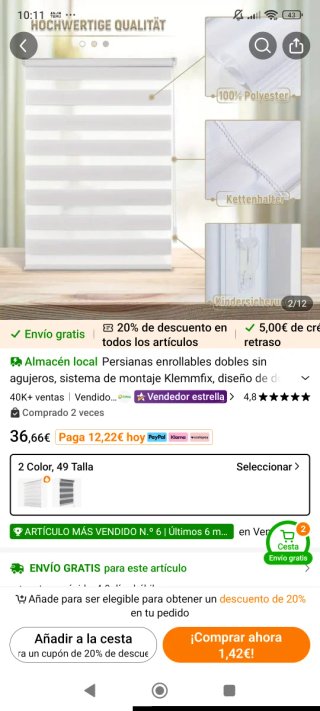 Persianas enrollables dobles sin agujeros