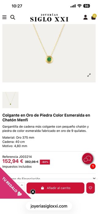 Colgante oro de 9 kilates  con piedra esmeralda