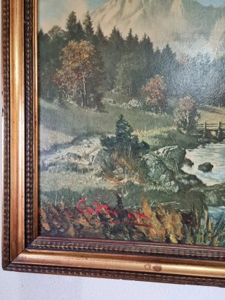 Cuadro Antiguo Dorado Paisaje Montañoso