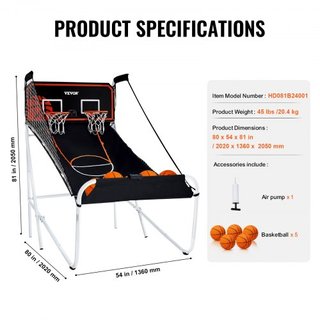 Juego de Arcade de Baloncesto Plegable, Juego de Baloncesto Interior para 2 Jugadores, Deporte de Doble Tiro en Casa con 5 Pelotas, 8 Modos de Juego, Marcador Electrónico y Bomba de Inflación, par...