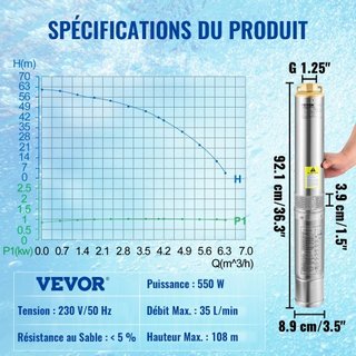 Bomba Sumergible de Pozo Profundo, 550W 230V/50Hz, 35L/min 108 m de Altura Resistente a Arena <5%, 20 m de Cable Eléctrico, Bombas de Agua de Acero Inoxidable de 7.6 cm para Uso Industrial, Irriga...