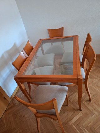 Mesa cristal y madera con 6 sillas