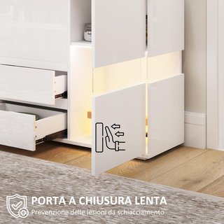 Credenza Moderna Con Luce LED Regolabile Con Telecomando, Mobile Da Salotto Con 4 Cassetti E 2 Armadi, 120X34X70 Cm, Bianco