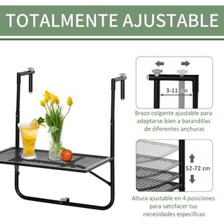 Mesa Balcón Plegable Metal Ajustable 60x60 Negro