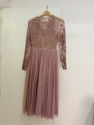 Vestido midi fiesta rosa y dorado
