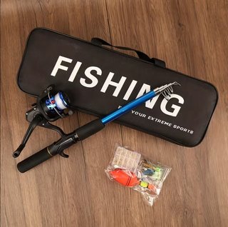 Kit Pesca Caña Carrete Anzuelos Negro 150cm