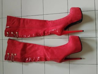Stivali rossi plateau tacco 16 cm camoscio