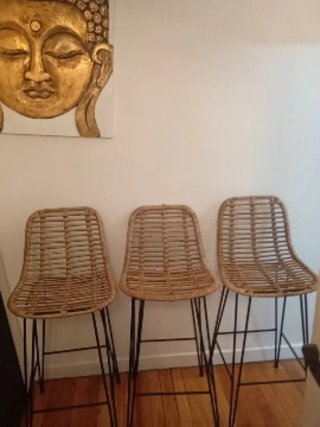 Set di 3 sedie da bar in rattan e metallo
