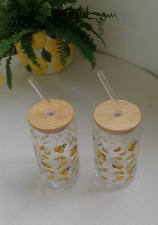 2 Bicchieri Vetro a Lattina Limoni Coperchio Bambù