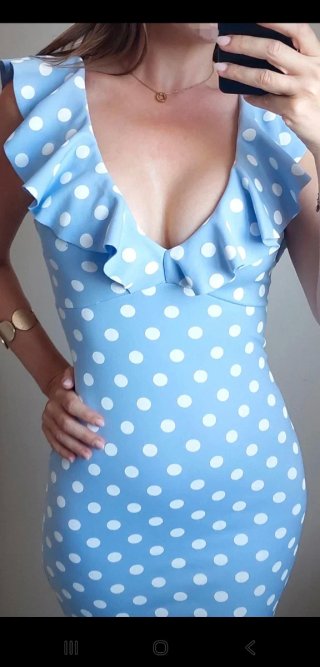 Vestido ASOS lunares celeste y blanco T.XS
