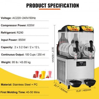 Máquina de Slushie Comercial, 2 x 12L / 3.2 Gal Doble Tazón, Salida de 48 Tazas, 220V 950W Fabricante de Bebidas Congeladas de Margarita y Smoothie de Acero Inoxidable, Máquina de Slushie para Fie...