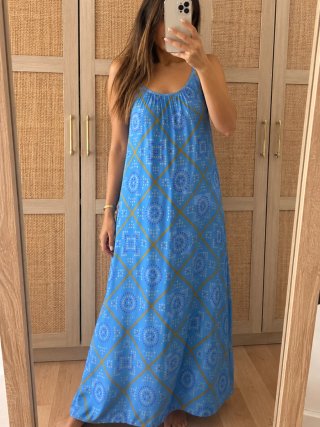 Vestido NATURA azul estampado boho fluido