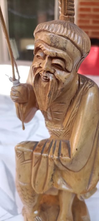 Figura Pescador Chino Madera Tallada