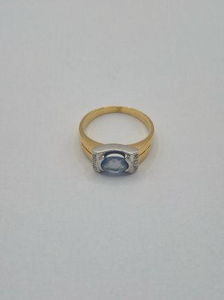 Anillo Oro 18k Bicolor Piedra Azul Ovalada