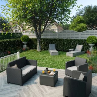 Conjunto Muebles Ratán Exterior Negro/Gris