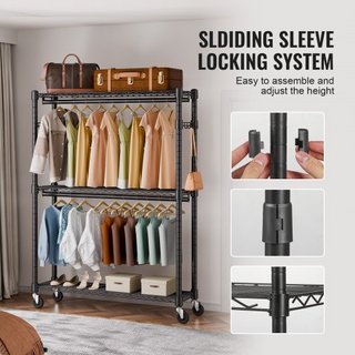 Perchero de Ropa de Alta Resistencia, Perchero de Ropa Rodante con 3 Niveles de Almacenamiento, 2 Varillas y 2 Pares de Ganchos Laterales, Perchero de Ropa de Altura Ajustable para Colgar Ropa, Ca...