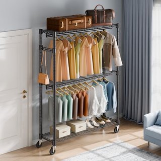 Perchero de Ropa de Alta Resistencia, Perchero de Ropa Rodante con 3 Niveles de Almacenamiento, 2 Varillas y 2 Pares de Ganchos Laterales, Perchero de Ropa de Altura Ajustable para Colgar Ropa, Ca...