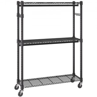 Perchero de Ropa de Alta Resistencia, Perchero de Ropa Rodante con 3 Niveles de Almacenamiento, 2 Varillas y 2 Pares de Ganchos Laterales, Perchero de Ropa de Altura Ajustable para Colgar Ropa, Ca...