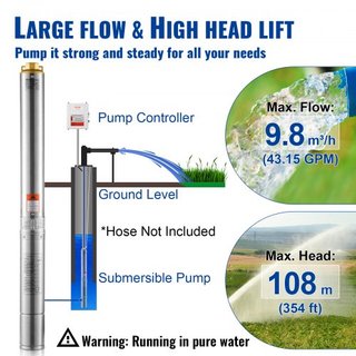 Bomba Sumergible de Pozo Profundo, 1500W 230V 60Hz, 9.8 m³/h 108 m de Altura, con Cable de 19.4 m y Caja de Control Externa, Bombas de Agua de Acero Inoxidable para Uso Industrial, Irrigación y Do...