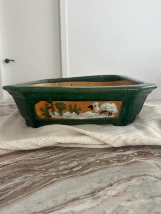 Maceta bonsai cerámica verde y amarilla