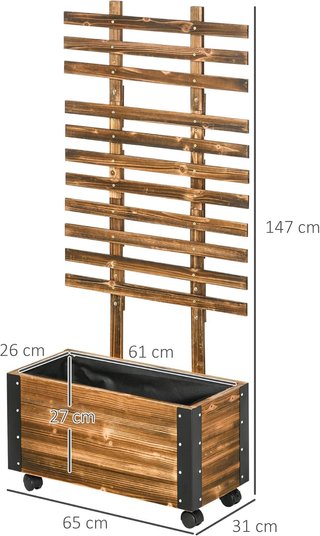 Maceta Con Enrejado para Plantas Trepadoras y Ruedas, Maceta de Madera de Abeto Con Diseño Autodrenante, 65X31X147 Cm, Marrón Carbonizado