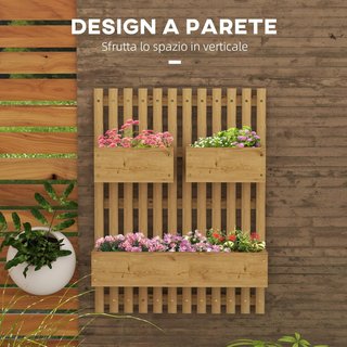 Jardín Vertical de Listones con 3 Macetas Extraíbles y Orificios de Drenaje, Huerto Elevado de Exterior en Madera de Abeto, Montaje en Pared, para Plantas, Flores y Verduras, 60X16X80Cm, Carbonizado