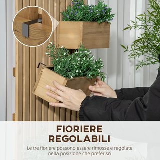 Jardín Vertical de Listones con 3 Macetas Extraíbles y Orificios de Drenaje, Huerto Elevado de Exterior en Madera de Abeto, Montaje en Pared, para Plantas, Flores y Verduras, 60X16X80Cm, Carbonizado