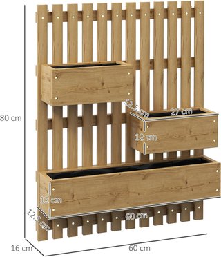 Jardín Vertical de Listones con 3 Macetas Extraíbles y Orificios de Drenaje, Huerto Elevado de Exterior en Madera de Abeto, Montaje en Pared, para Plantas, Flores y Verduras, 60X16X80Cm, Carbonizado