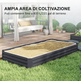 Letto da Giardino Elevato per Esterno 835L, Giardino su Balcone in Acciaio Zincato con Fondo Aperto, per Piante, Fiori e Verdure, 240X120X30Cm, Grigio Scuro