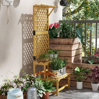 Jardinera Con Enrejado de 2 Niveles Con Techo y Estantes de Listones, Jardinera de Madera de Abeto, 60X50X166 Cm, Amarillo