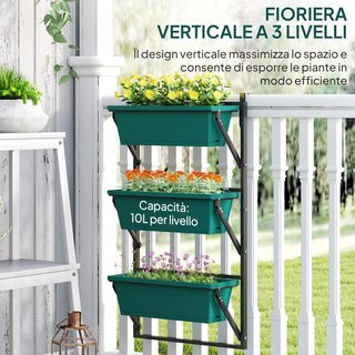 Jardín Vertical de Exterior de 3 Niveles, 3 Macetas de Plástico para Exterior con Orificios de Drenaje, Soporte para Colgar para Flores y Hierbas Aromáticas, 56X42X100 Cm, Verde