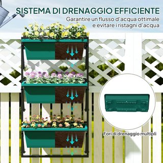 Jardín Vertical de Exterior de 3 Niveles, 3 Macetas de Plástico para Exterior con Orificios de Drenaje, Soporte para Colgar para Flores y Hierbas Aromáticas, 56X42X100 Cm, Verde