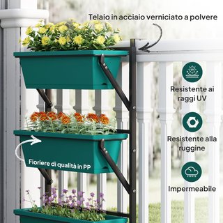 Jardín Vertical de Exterior de 3 Niveles, 3 Macetas de Plástico para Exterior con Orificios de Drenaje, Soporte para Colgar para Flores y Hierbas Aromáticas, 56X42X100 Cm, Verde