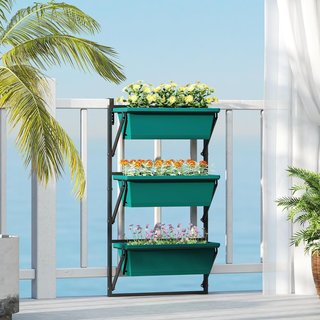 Jardín Vertical de Exterior de 3 Niveles, 3 Macetas de Plástico para Exterior con Orificios de Drenaje, Soporte para Colgar para Flores y Hierbas Aromáticas, 56X42X100 Cm, Verde