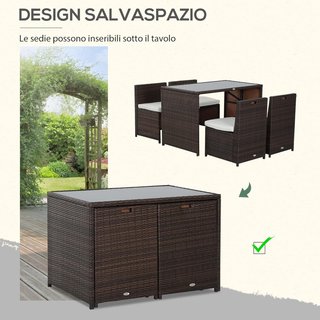 Set di mobili da giardino in rattan 5 pezzi con tavolo da pranzo e 4 sedie con cuscini