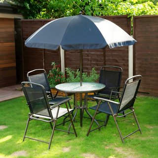 - Conjunto de Muebles de Jardín de Tubos de Acero 6 Pz Conjunto de Mesa, Silla y Sombrilla Negra